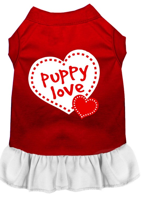 Puppy Love Screen Print Dress Red with White Lg